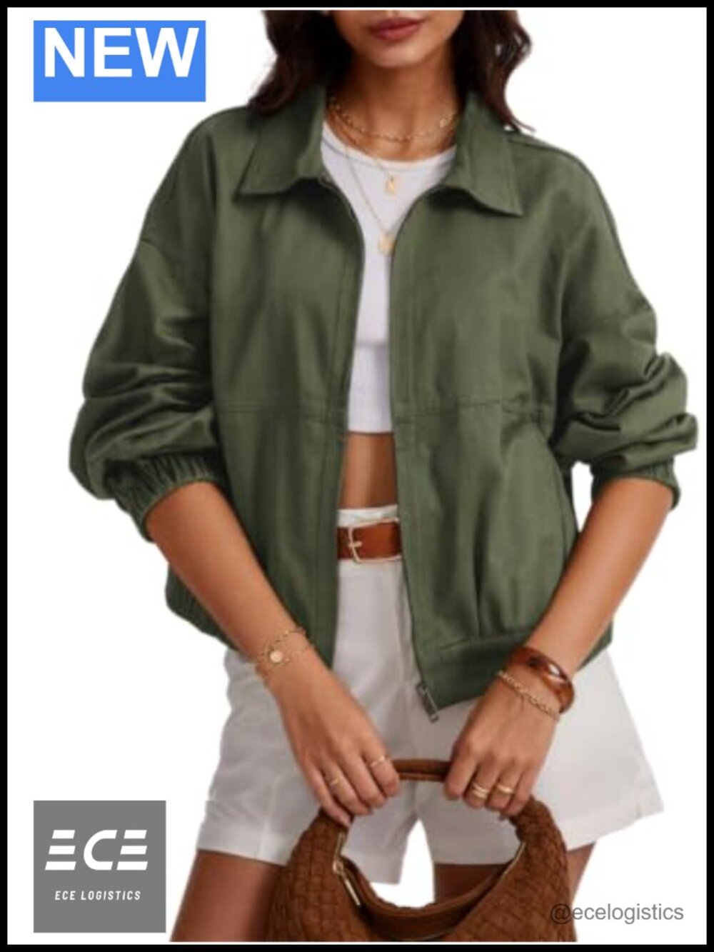 Womens 100% Cotton Cropped Oversized Zip Up Jacket Drop Shoulder Casual Fall
